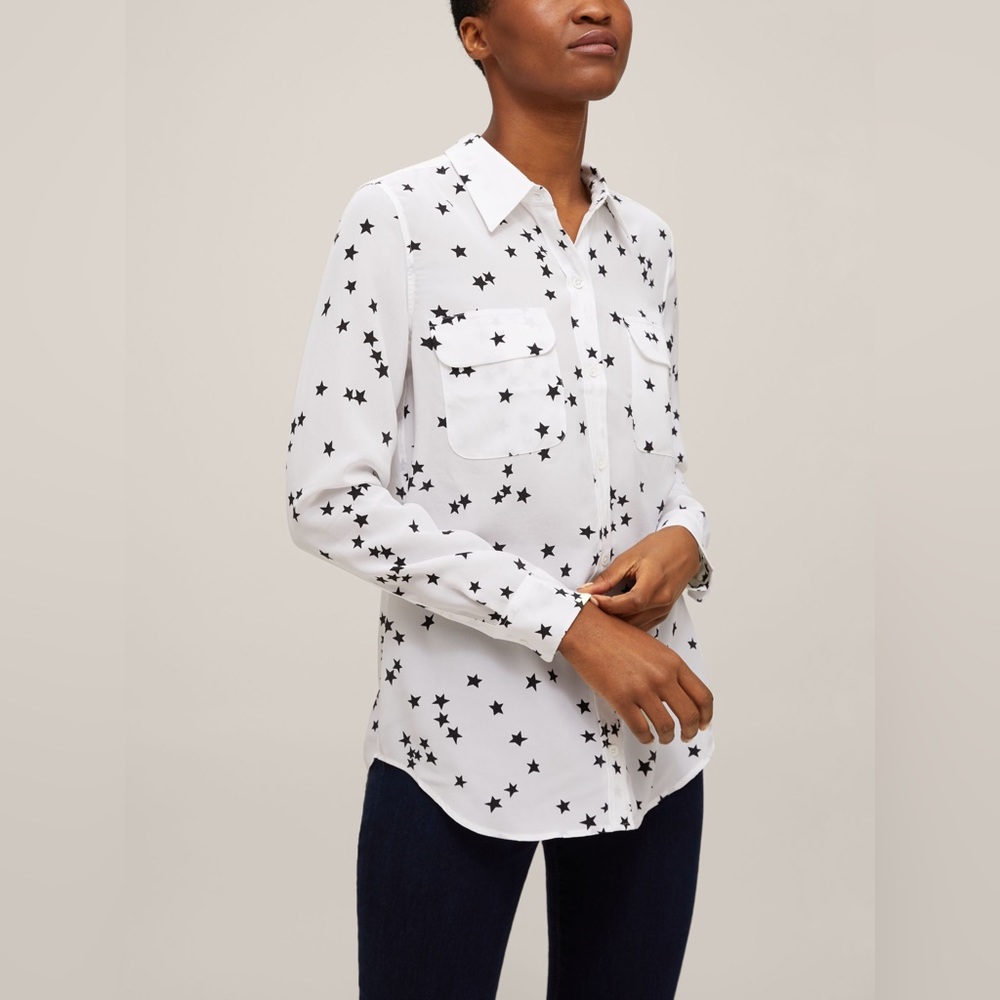 Equipment White Black Star Signature Silk Shirt, Size Large ($295 MSRP) - Picture 2 of 5